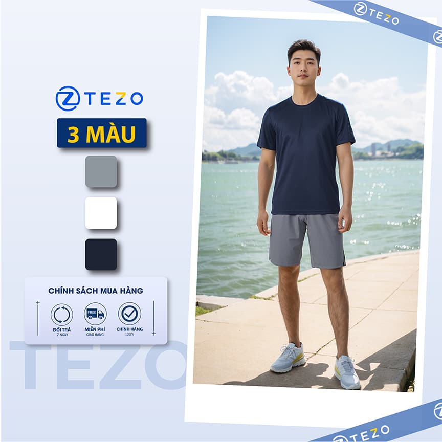 Bộ áo phông nam cổ tròn Tezo 25APOT035 - Quần đùi gió nam thể thao Ultra short Tezo 24QDGT008