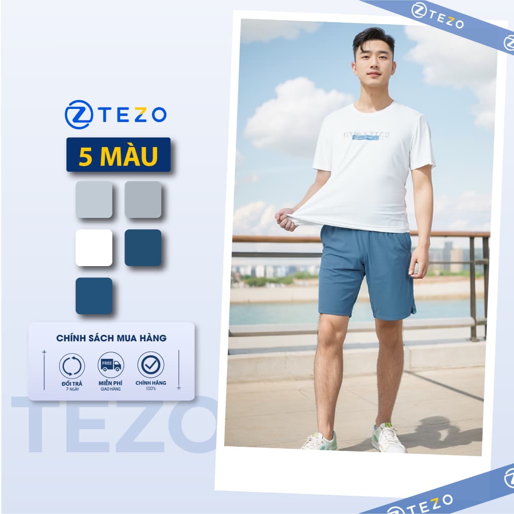 Bộ áo phông nam thể thao in ngực Tezo 25APOH037 - Quần đùi gió nam thể thao Ultra short Tezo 24QDGT008