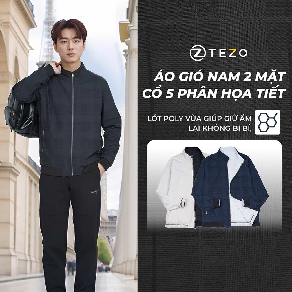 Áo gió nam 2 mặt cổ 5 phân họa tiết caro Tezo - 24AG5C024
