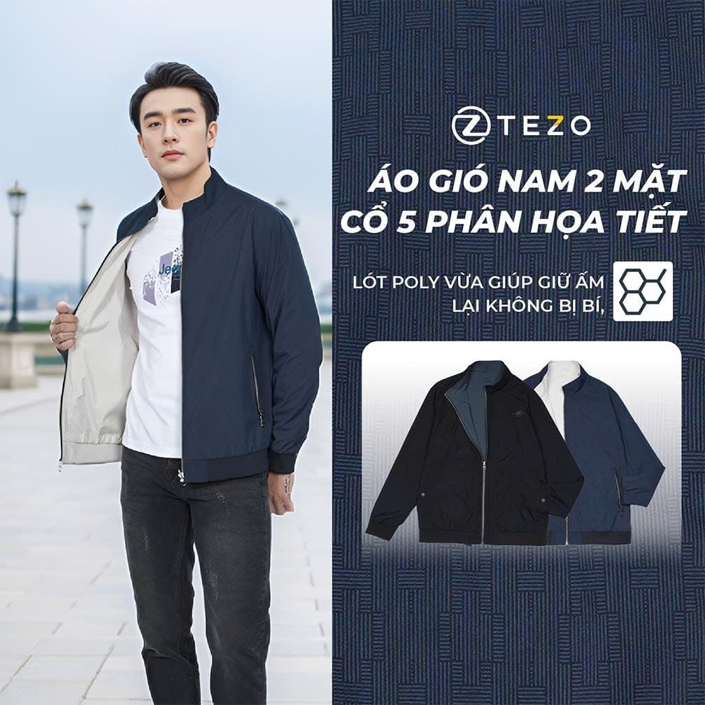 Áo gió nam 2 mặt cổ 5 phân họa tiết chữ H Tezo - 25AG5H021