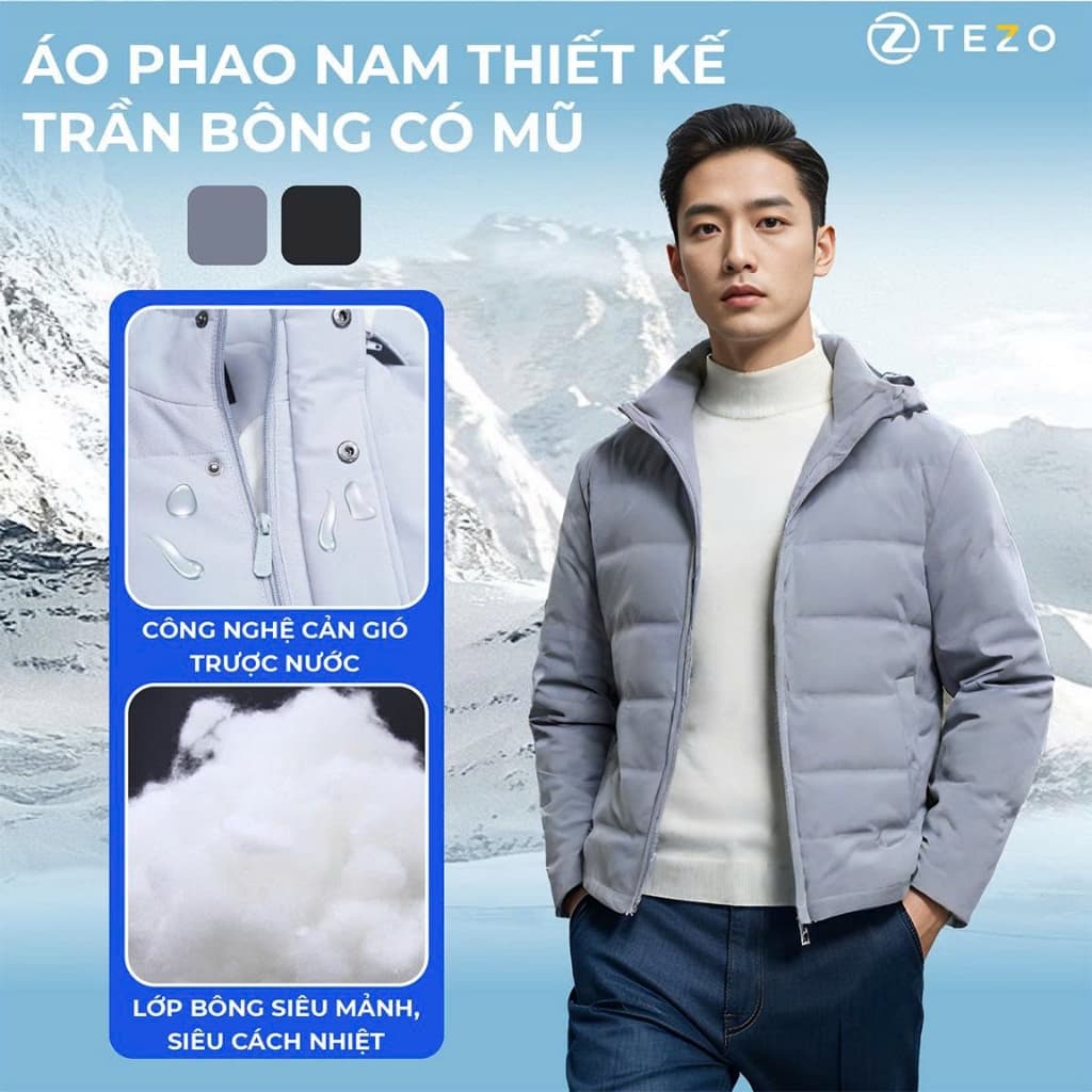 Áo phao nam thiết kế trần bông có mũ Tezo - 24APTB005