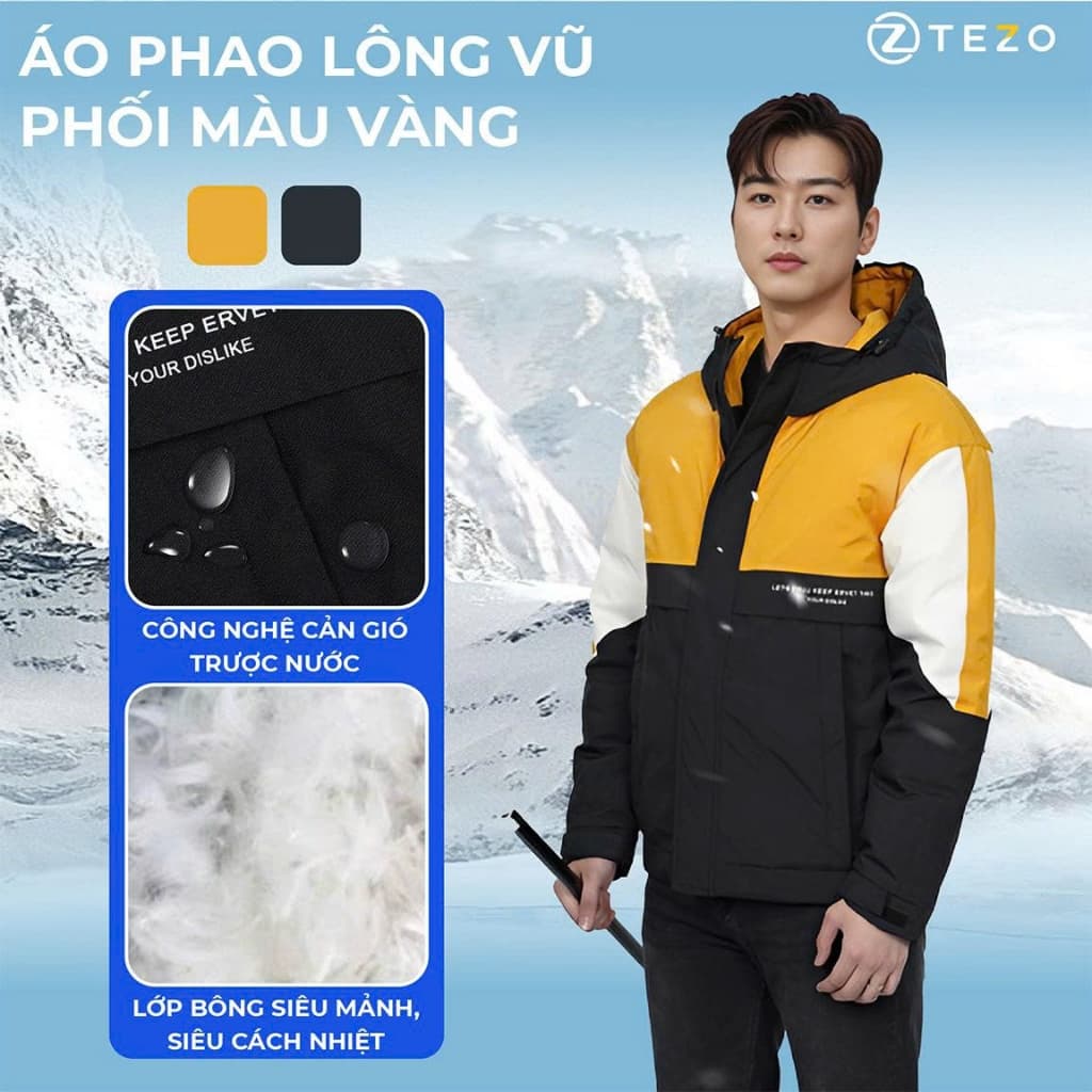 Áo phao lông vũ thiết kế phối màu đen Tezo - 24APLV007