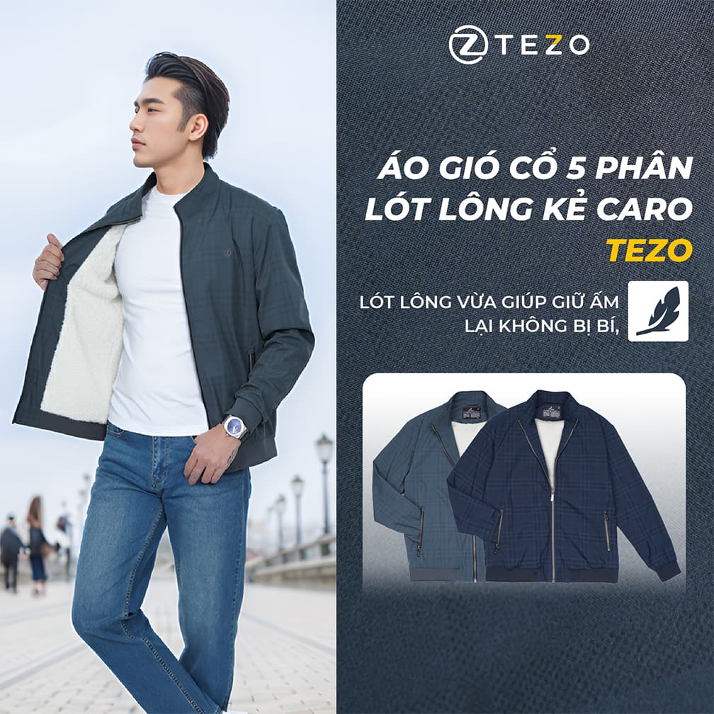 Áo gió nam cổ 5 phân lót lông kẻ caro Tezo - 25AG5C022