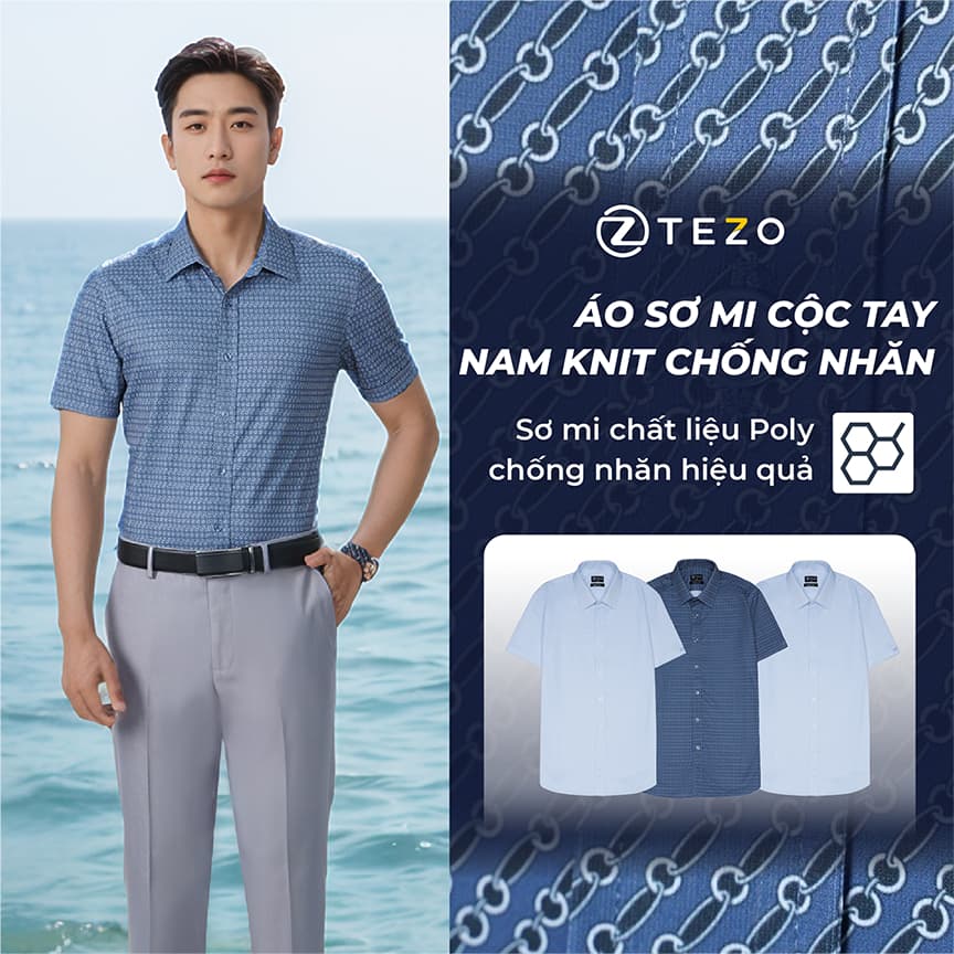Áo sơ mi cộc tay nam Knit chống nhăn họa tiết, slimfit Tezo - 25SMCH020