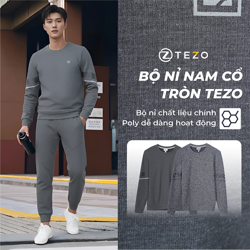 Bộ áo nỉ nam thể thao cổ tròn 25ANOT020 - Quần nỉ nam thể thao Tezo 25QNDT020