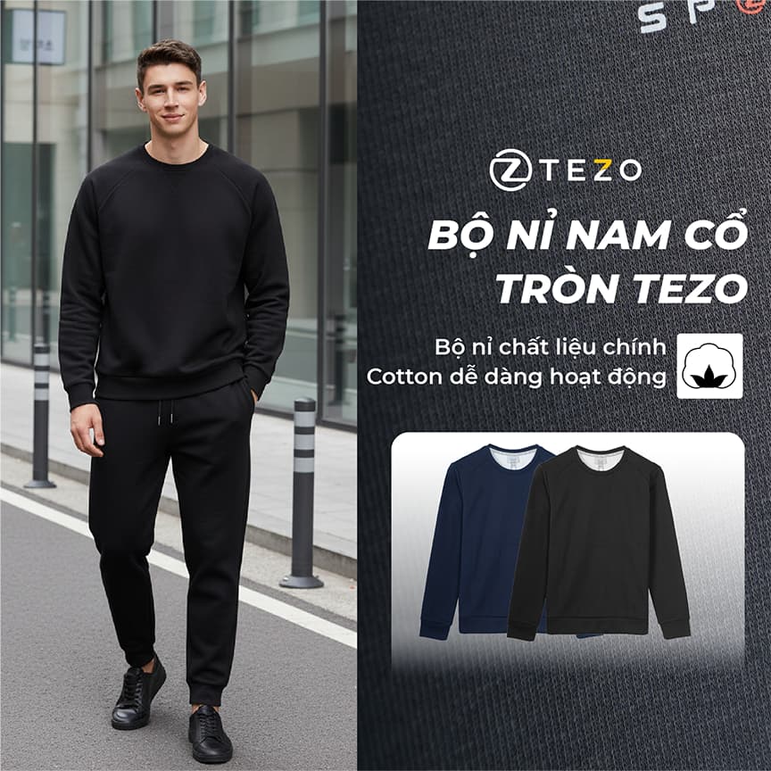 Bộ áo nỉ nam thể thao cổ tròn 25ANOT018 - Quần nỉ nam thể thao Tezo 25QNDT018