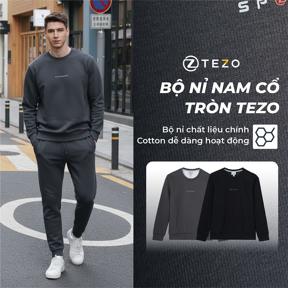 Bộ áo nỉ nam thể thao cổ tròn 25ANOT019 - Quần nỉ nam thể thao Tezo 25QNDT019