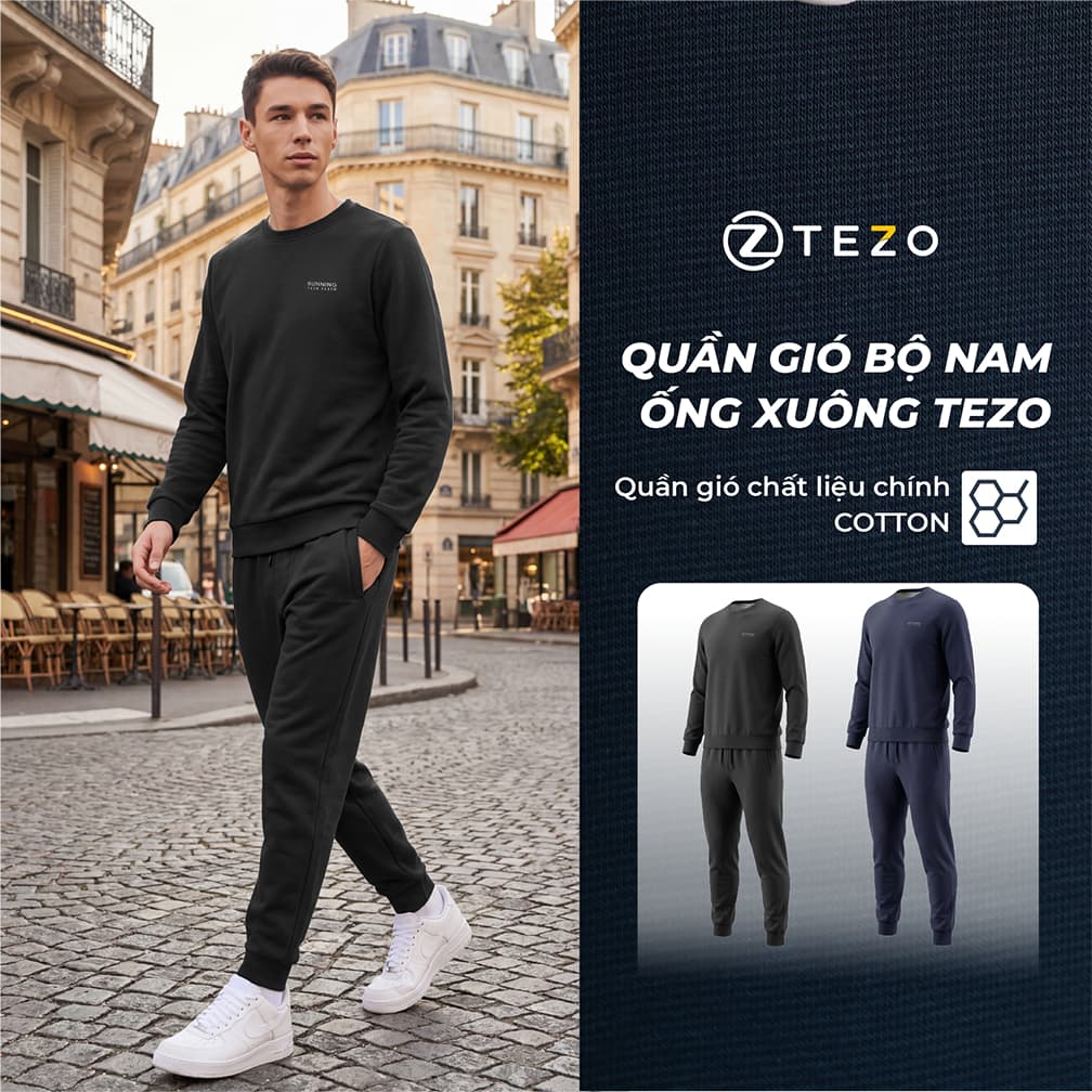 Bộ áo nỉ nam thể thao cổ tròn 25ANOT021 - Quần nỉ nam thể thao Tezo 25QNDT021