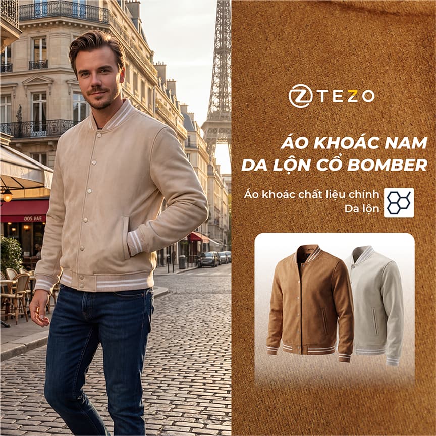 Áo khoác nam da lộn cổ bomber Tezo - 25ADBT006